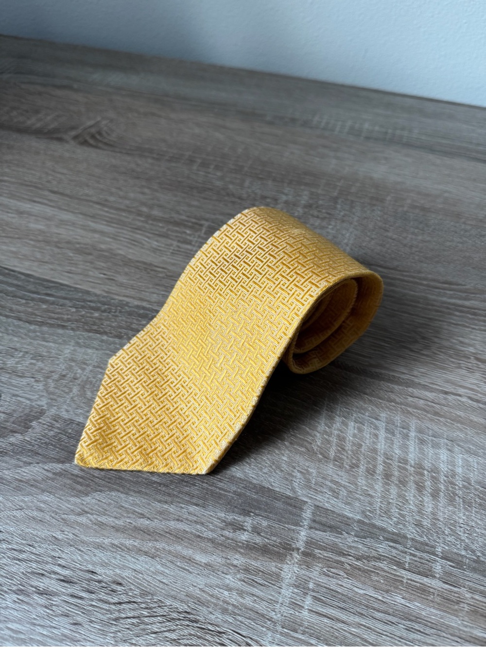 Vintage Faconnable 100% Silk Tie Yellow Geometric Basket Weave France Handmade